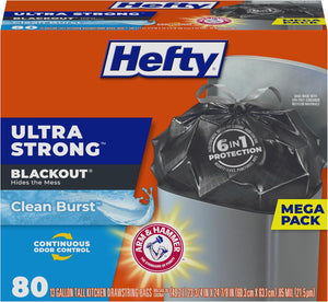 Hefty Ultra Strong 13 Gallon Trash Bags, Black, Tall Kitchen Trash Bags with Break-Resistant Drawstring Enclosure & Odor Control, 80 Bags