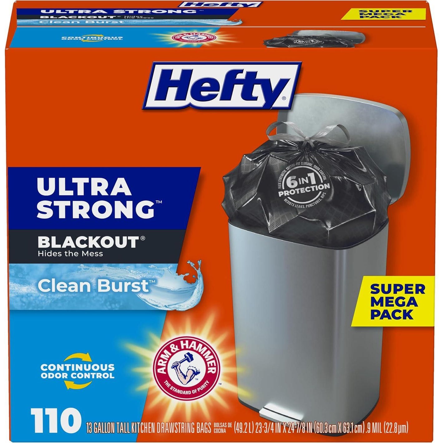 Hefty Ultra Strong 13 Gallon Black Trash Bags, 110 Count, Break-Resistant, Odor Control, Drawstring Enclosure, Clean Burst Scent, Tall Kitchen Size