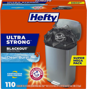 Hefty Ultra Strong 13 Gallon Black Trash Bags, 110 Count, Break-Resistant, Odor Control, Drawstring Enclosure, Clean Burst Scent, Tall Kitchen Size