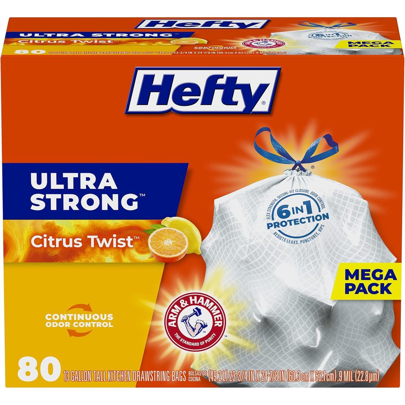 Hefty Ultra Strong Tall Kitchen Trash Bags, 13 Gallon, Citrus Twist Scent, 80 Count, Pack of 1, White