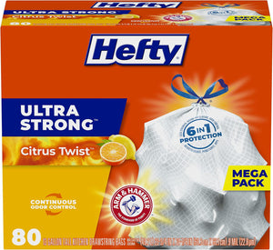 Hefty Ultra Strong Tall Kitchen Trash Bags, 13 Gallon, Citrus Twist Scent, 80 Count, Pack of 1, White