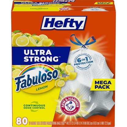Hefty Ultra Strong Tall Kitchen Trash Bags, Fabuloso Lemon Scent, 13 Gallon, 80 Count