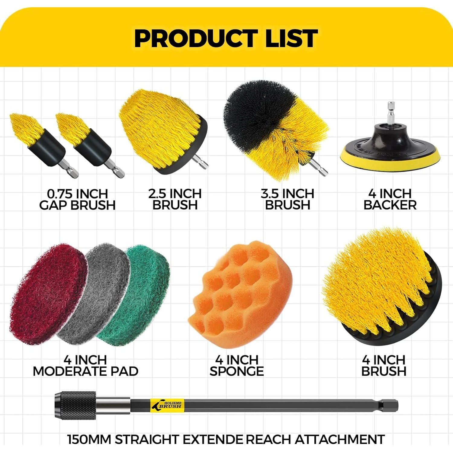 Holikme 11 Piece Drill Brush Attachment Set Scouring Pads Power Scrubber Brush Scrub Pads For Bathroom Surfaces, Floor, Tub, Shower, Grout, Tile, Corners,Cleaning Brush,
