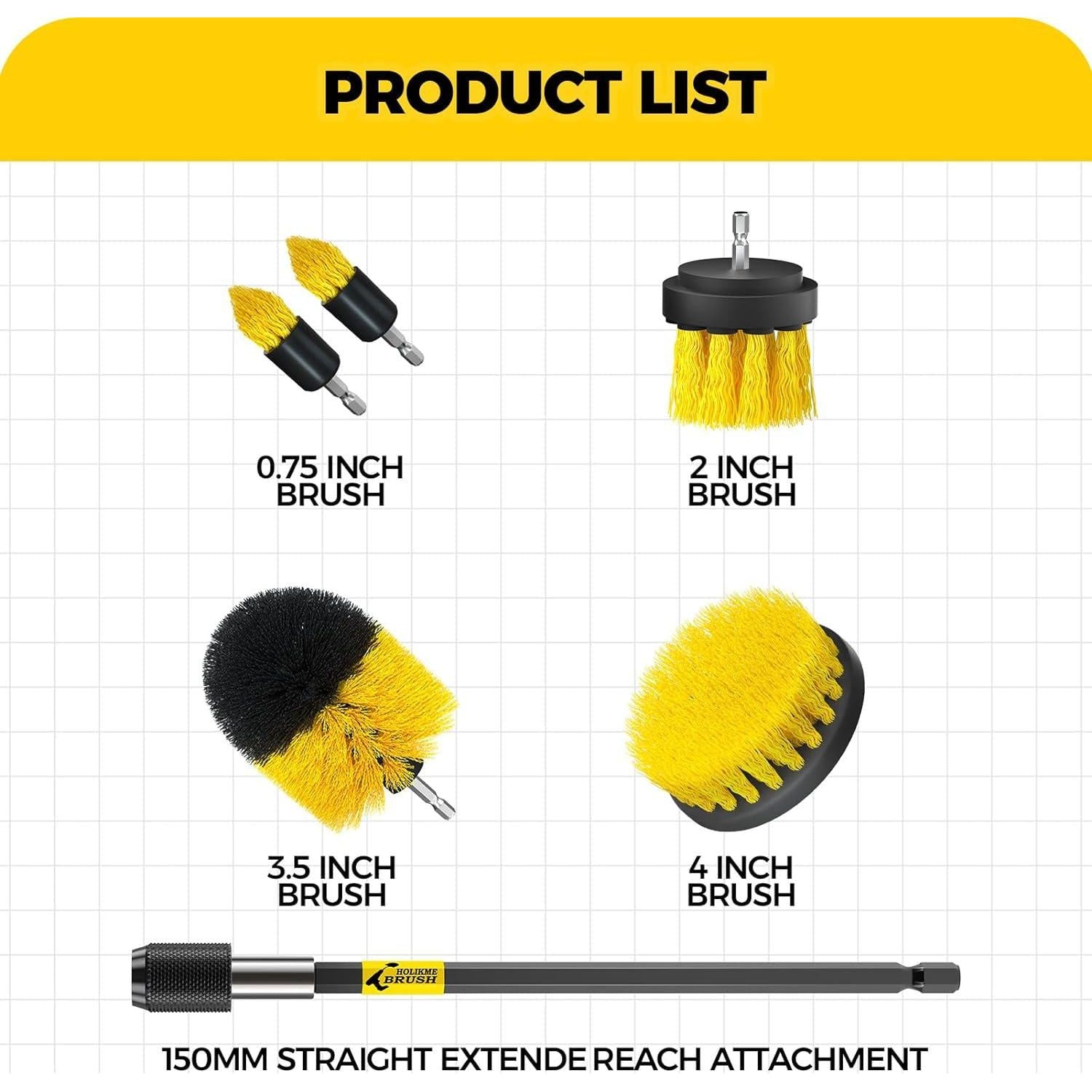 Holikme 6Pack Cleaning Brush Power Scrubber Cleaning Brush Extended Long Attachment Set All Purpose Scrub Brushes Kit For Grout, Floor, Tub, Shower, Tile, Bathroom,Car Cleaning Brush Yellow,675234654345