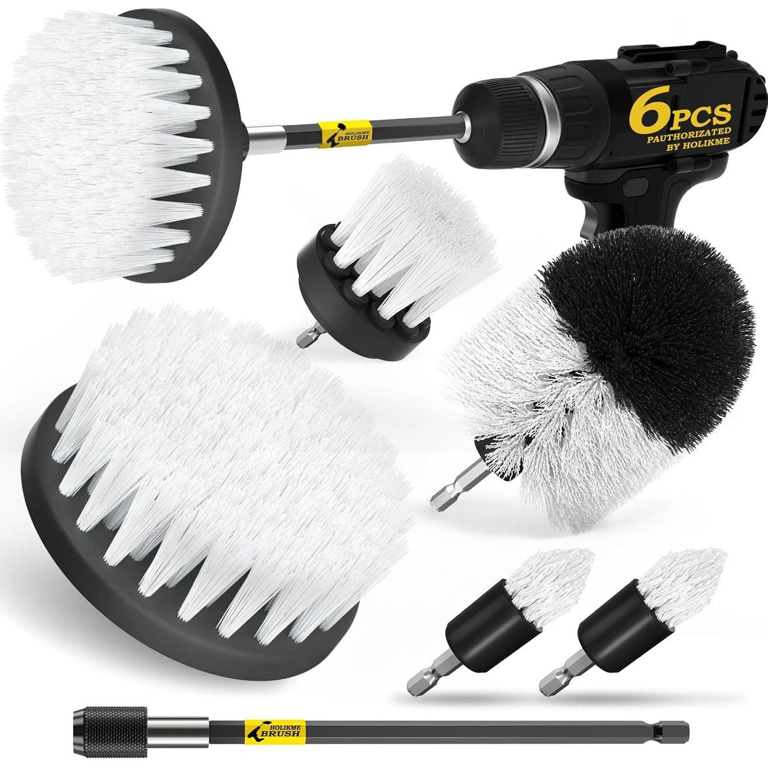 Holikme 6Pack Drill Brush Power Scrubber Cleaning Brush Extended Long Attachment Set All Purpose Drill Scrub Brushes Kit For Grout, Floor, Tub, Shower, Tile, Bathroom And Kitchen Surface White,