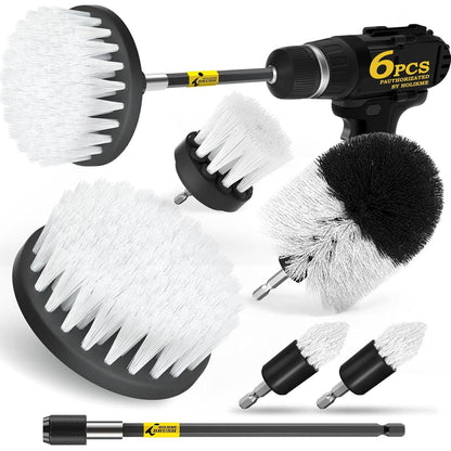 Holikme 6Pack Drill Brush Power Scrubber Cleaning Brush Extended Long Attachment Set All Purpose Drill Scrub Brushes Kit For Grout, Floor, Tub, Shower, Tile, Bathroom And Kitchen Surface White,