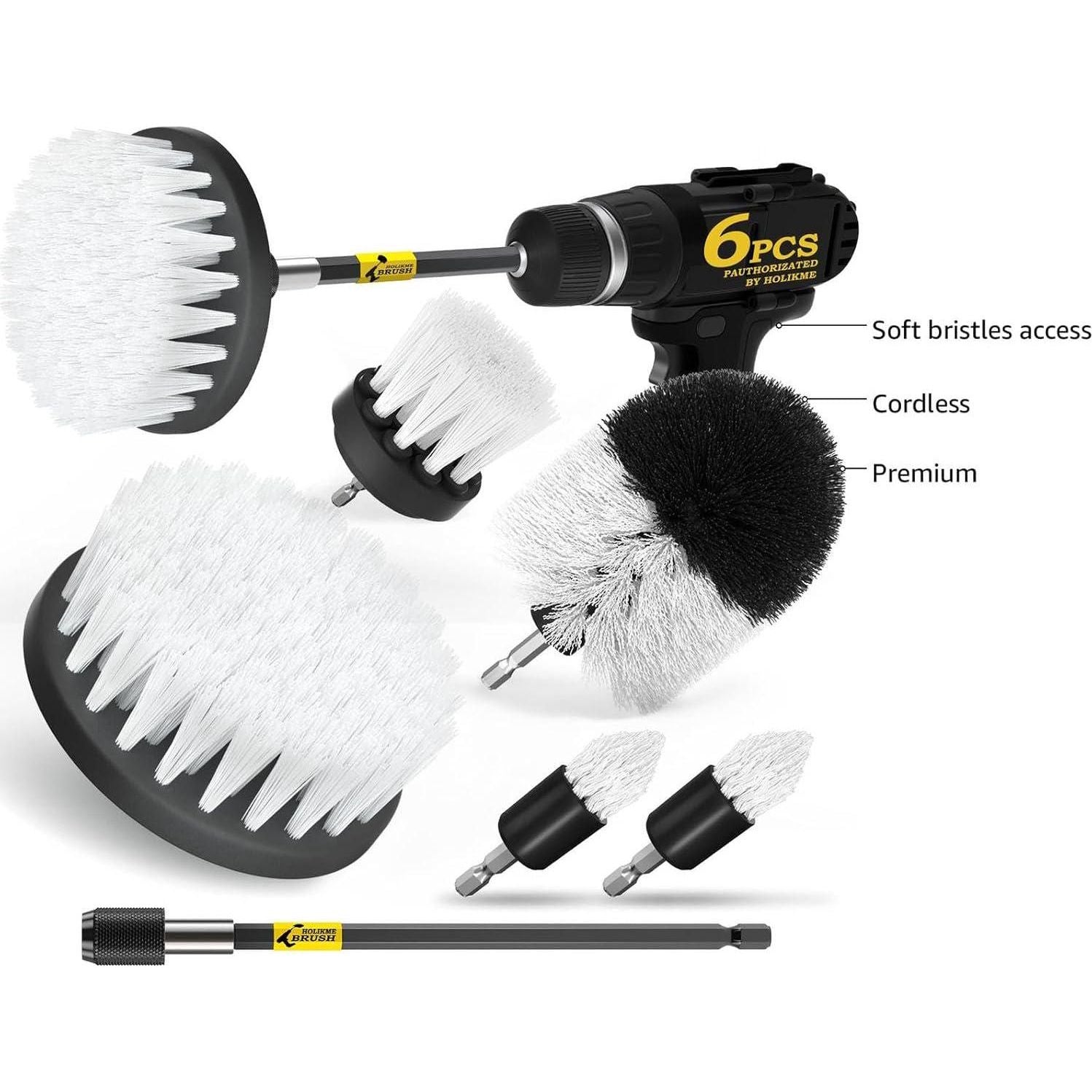 Holikme 6Pack Drill Brush Power Scrubber Cleaning Brush Extended Long Attachment Set All Purpose Drill Scrub Brushes Kit For Grout, Floor, Tub, Shower, Tile, Bathroom And Kitchen Surface White,