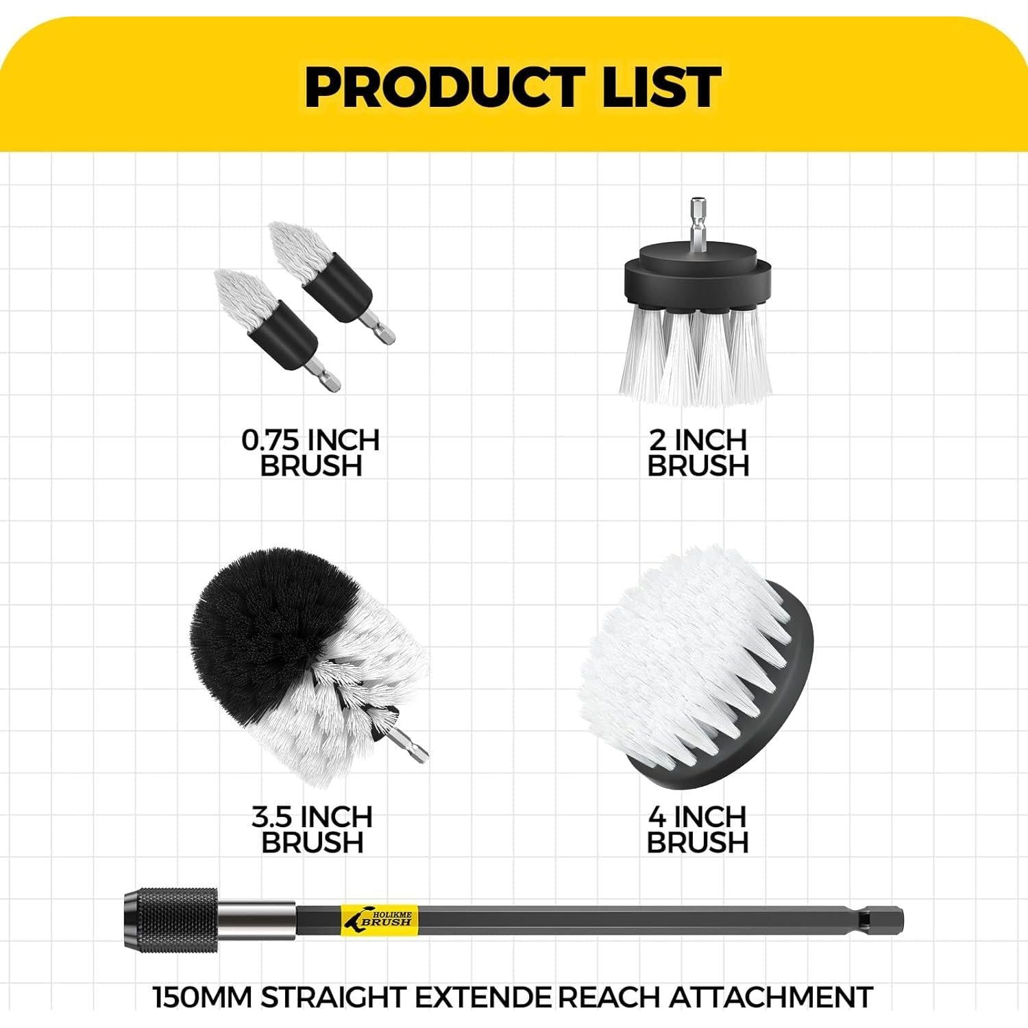 Holikme 6Pack Drill Brush Power Scrubber Cleaning Brush Extended Long Attachment Set All Purpose Drill Scrub Brushes Kit For Grout, Floor, Tub, Shower, Tile, Bathroom And Kitchen Surface White,