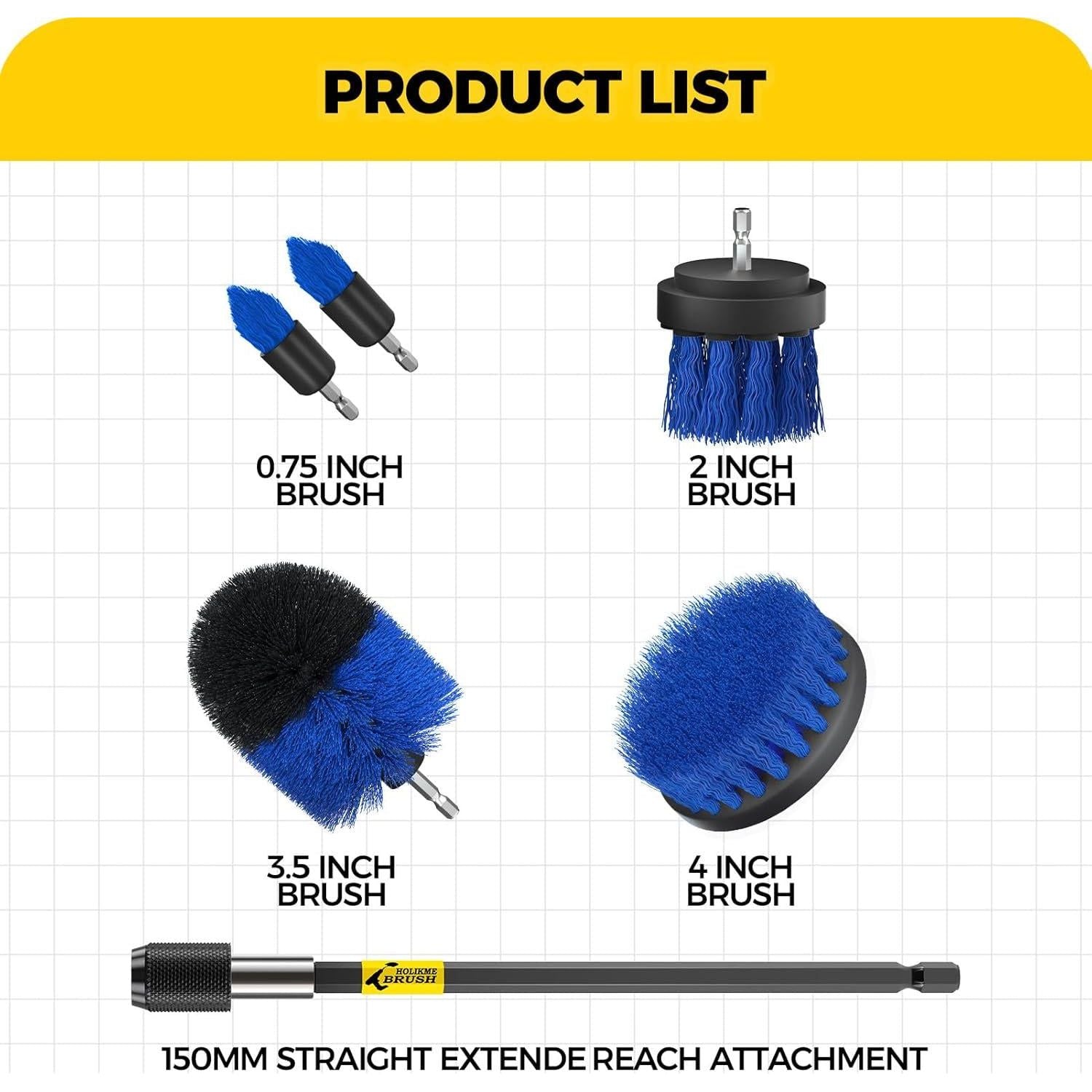 Holikme 6Pack Drill Brush Power Scrubber Cleaning Brush Extended Long Attachment Set All Purpose Drill Scrub Brushes Kit For Grout, Floor, Tub, Shower, Tile, Bathroom Scrub Brush Blue,