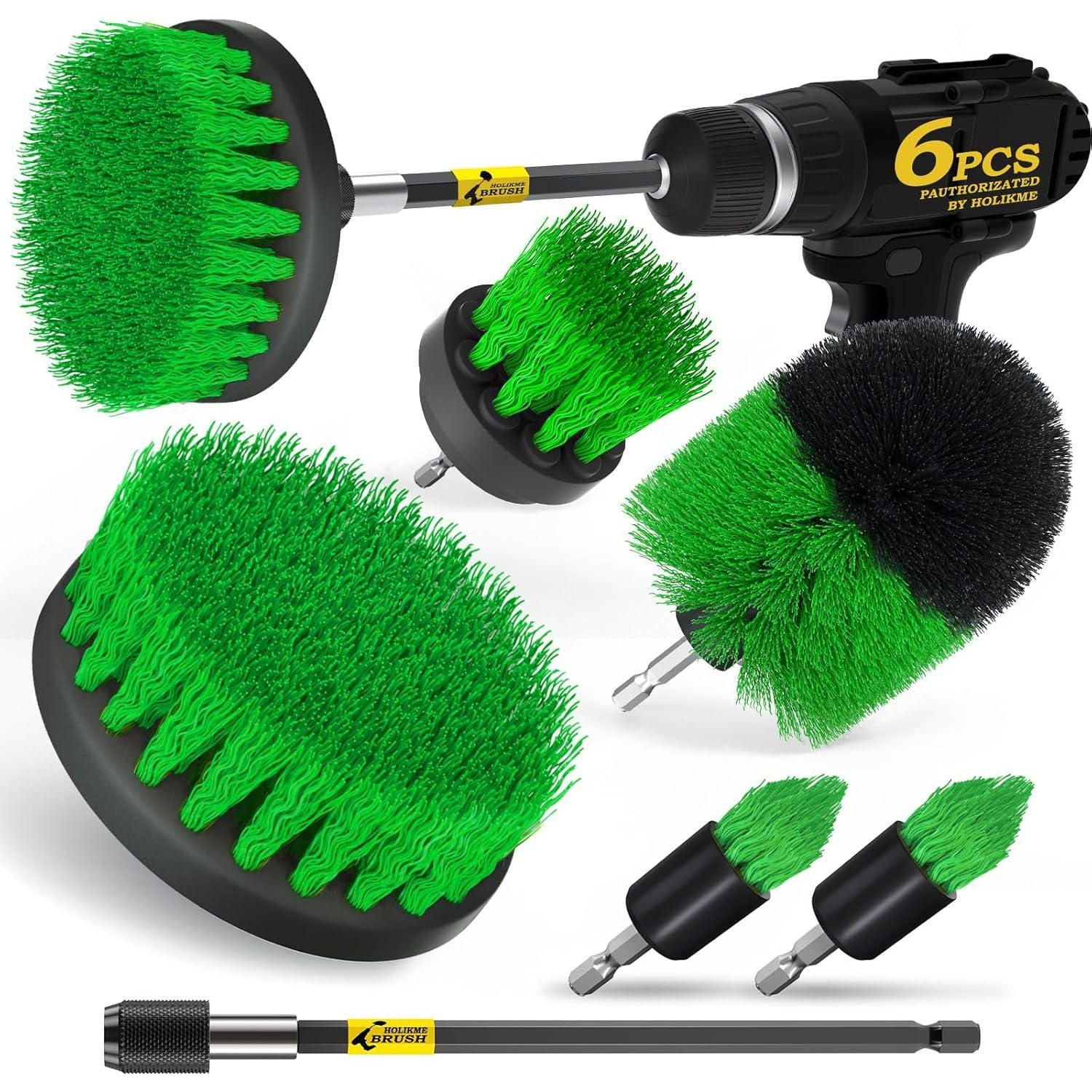 Holikme 6Pack Drill Brush Power Scrubber Cleaning Brush Extended Long Attachment Set All Purpose Drill Scrub Brushes Kit For Grout, Floor, Tub, Shower, Tile, Bathroom Scrub Brush Green,