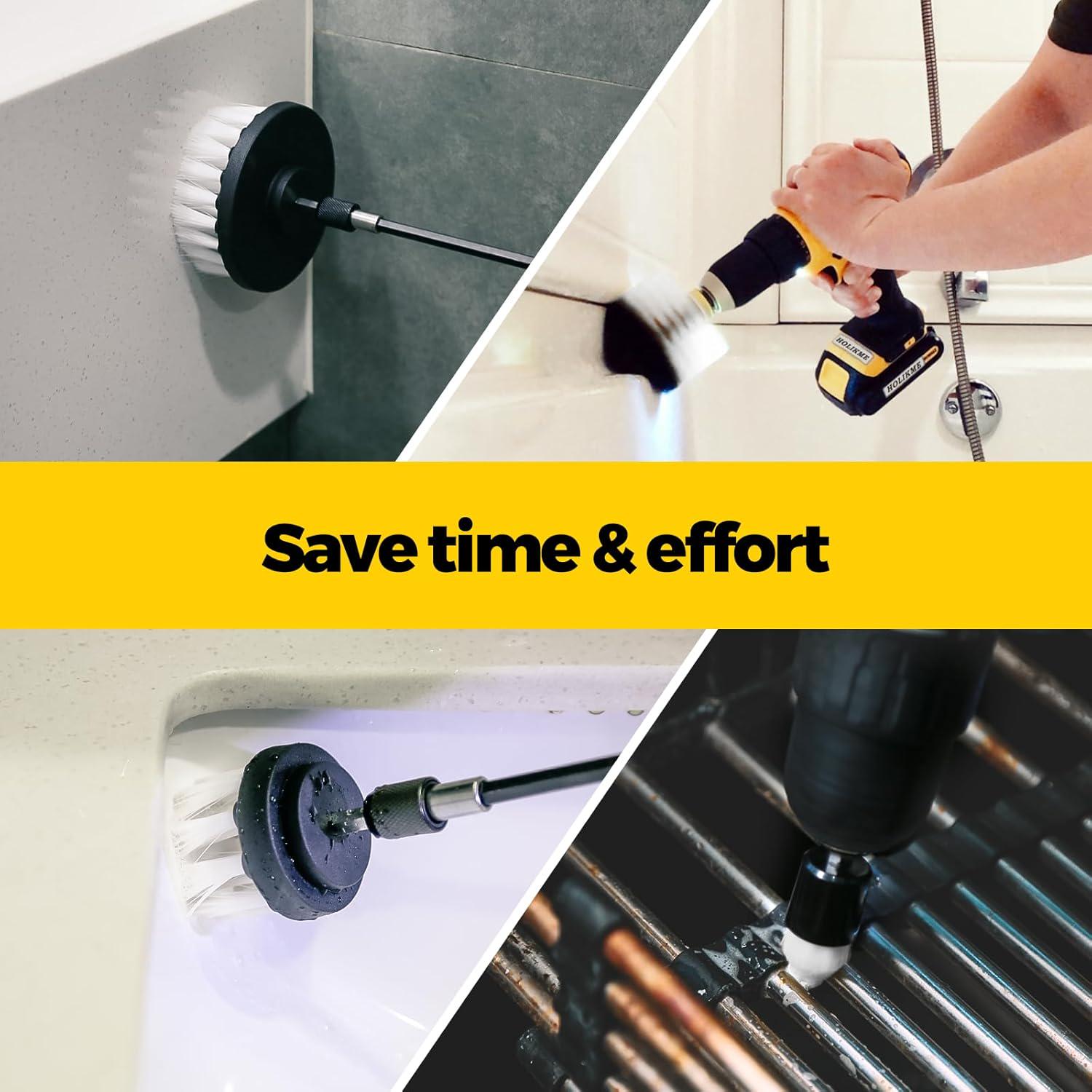 Holikme 6Pack Drill Brush Power Scrubber Cleaning Brush Extended Long Attachment Set All Purpose Drill Scrub Brushes Kit For Grout, Floor, Tub, Shower, Tile, Bathroom And Kitchen Surface White,
