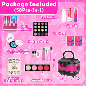 Hollyhi 58 PCS Kids Makeup Kit for Girls, Washable Princess Toy Set with Mirror, Rose, Ages 3–12, Real Cosmetic Gift Set