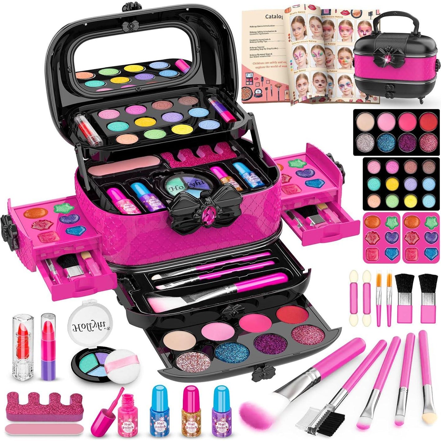 Hollyhi 58 PCS Kids Makeup Kit for Girls, Washable Princess Toy Set with Mirror, Rose, Ages 3–12, Real Cosmetic Gift Set