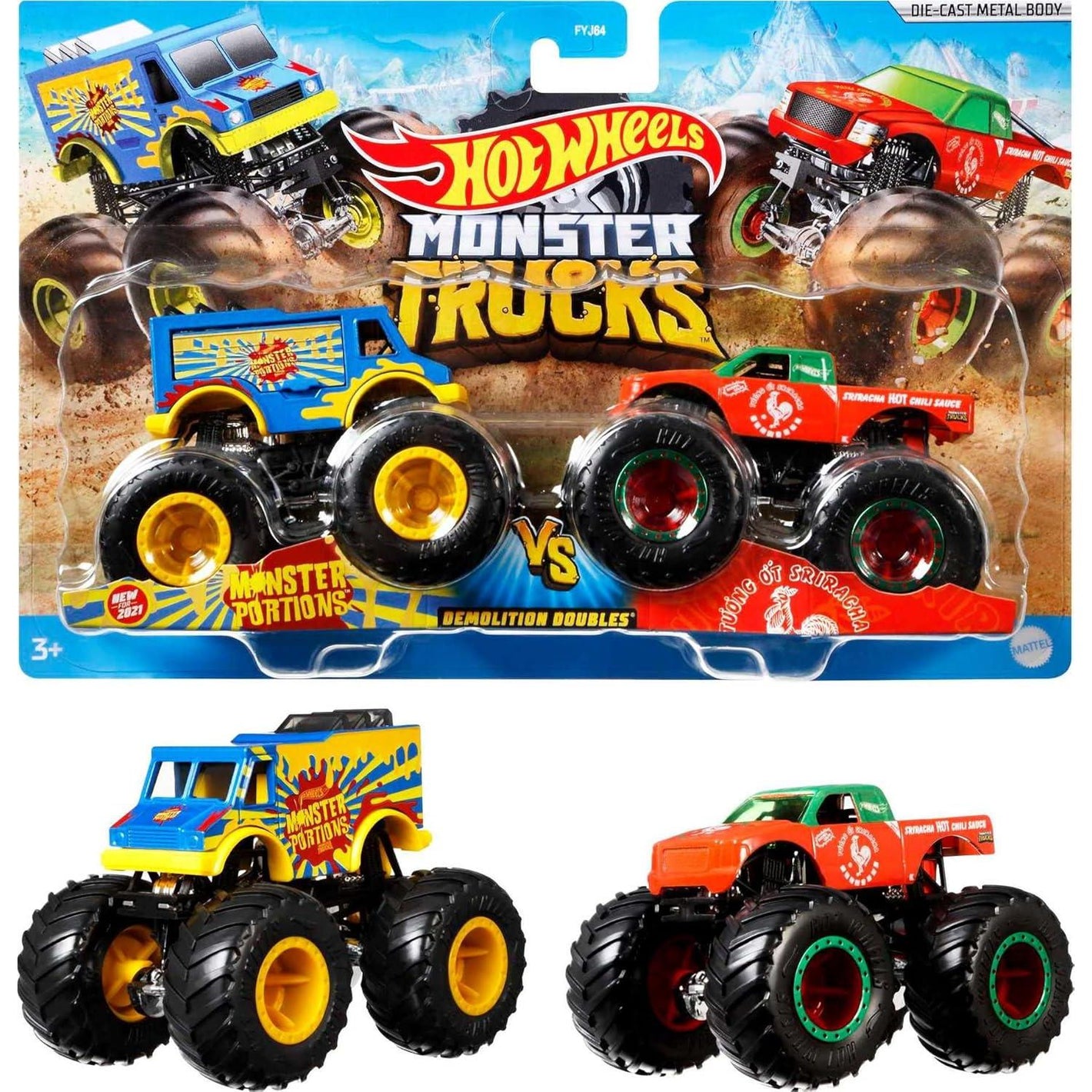 Hot Wheels Monster Trucks 1:64 Scale 2 Pack Assorted Giant Wheel Die-Cast Vehicles for Kids