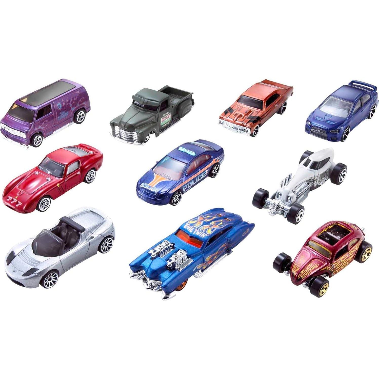 Hot Wheels Toy Cars And Trucks 10-Pack, Set Of 10 1:64 Scale Vehicles, Includes Race Cars, Semi, Rescue Or Construction Trucks (Styles May Vary),