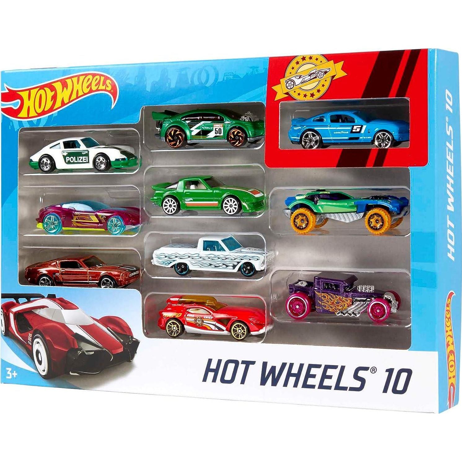 Hot Wheels Toy Cars And Trucks 10-Pack, Set Of 10 1:64 Scale Vehicles, Includes Race Cars, Semi, Rescue Or Construction Trucks (Styles May Vary),