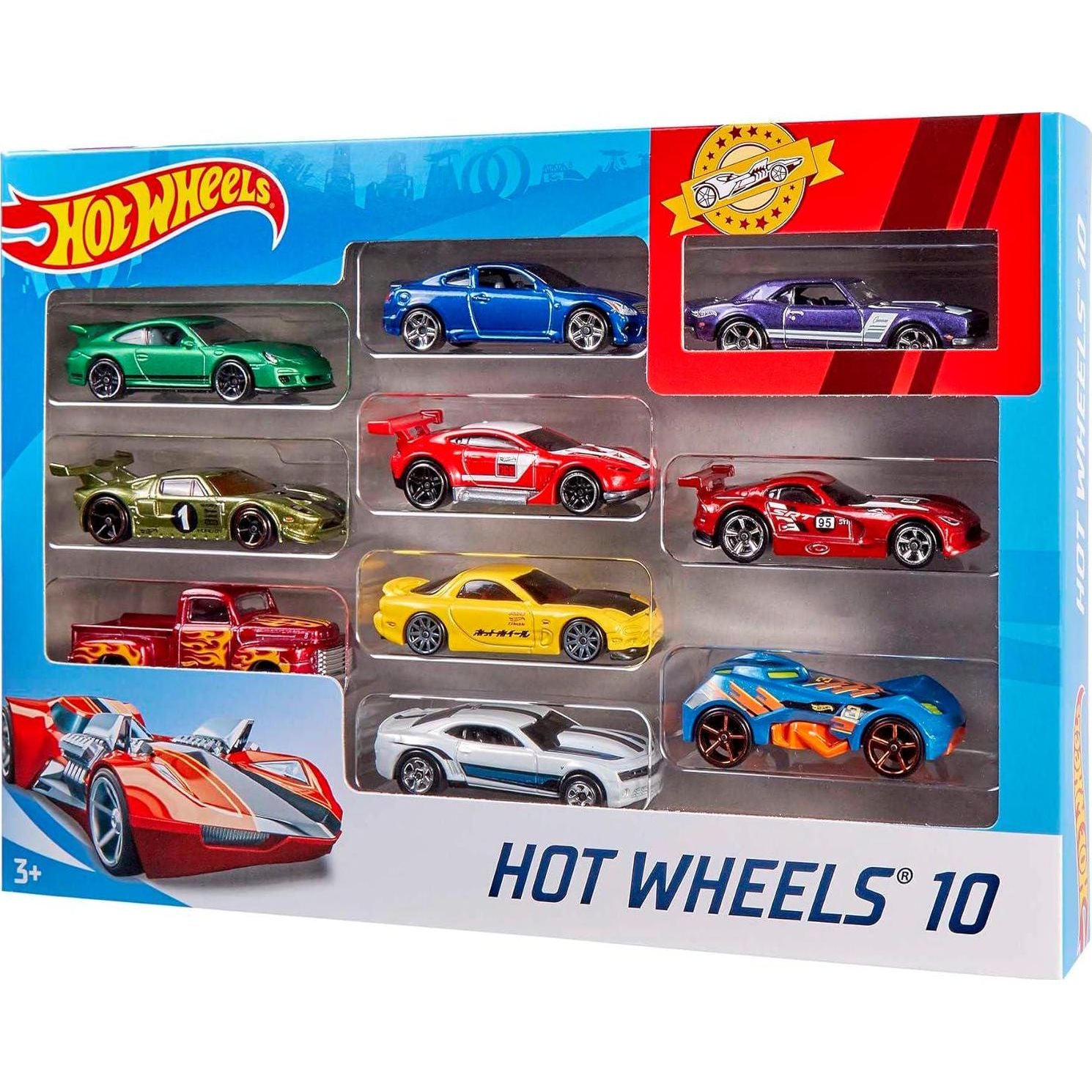 Hot Wheels Toy Cars And Trucks 10-Pack, Set Of 10 1:64 Scale Vehicles, Includes Race Cars, Semi, Rescue Or Construction Trucks (Styles May Vary),