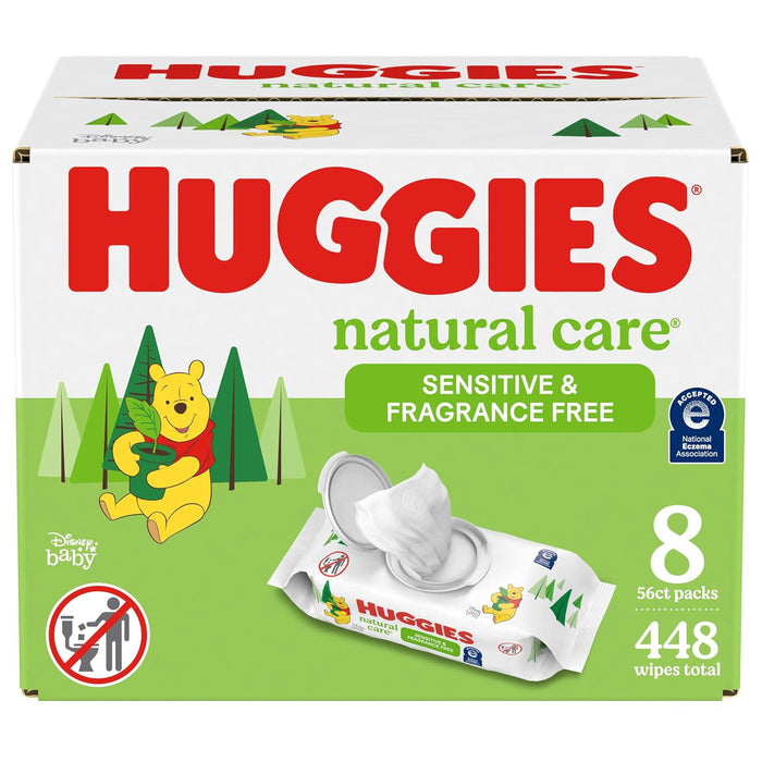 Huggies Natural Care Sensitive Baby Wipes, Unscented, 99% Purified Water, 8 Flip Top Packs, 448 Total Wipes, Hypoallergenic