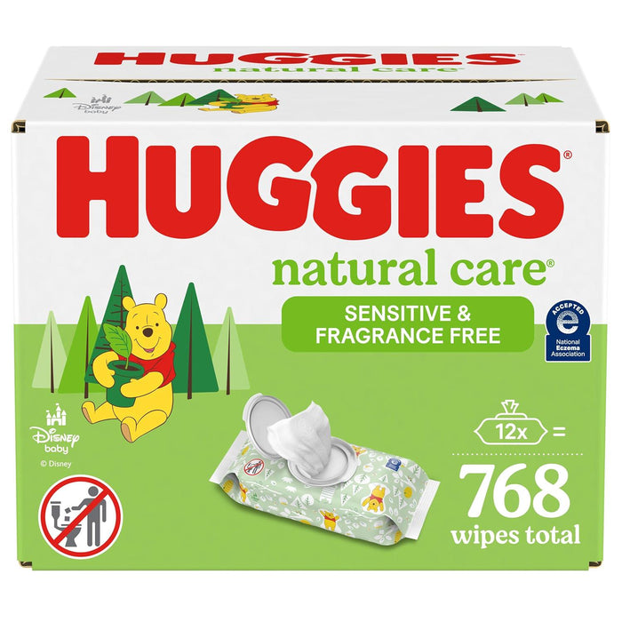 Huggies Natural Care Sensitive Baby Wipes, Unscented, Hypoallergenic, 99% Purified Water, 12 Flip Top Packs, 768 Wipes Total