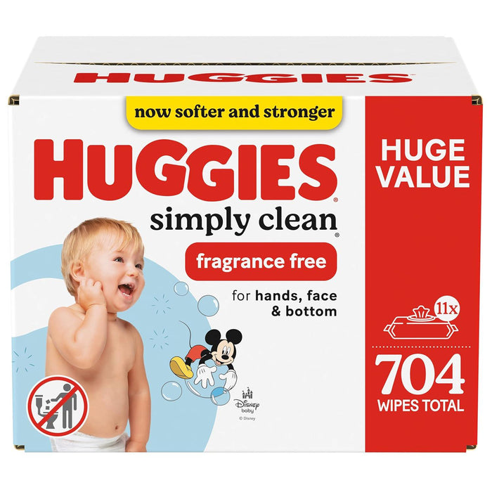 Huggies Simply Clean Fragrance-Free Baby Wipes, Unscented, 11 Flip-Top Packs, 704 Wipes Total
