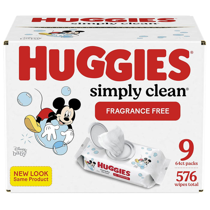 Huggies Simply Clean Unscented Baby Wipes, 9 Flip Top Packs, 576 Wipes Total, 64 Count Per Pack