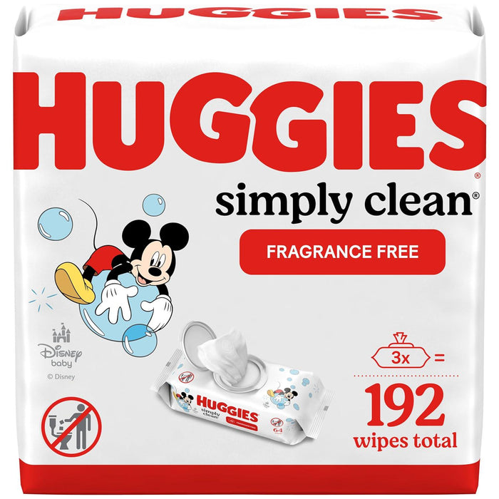 Huggies Simply Clean Fragrance-Free Baby Wipes, Unscented Diaper Wipes, 3 Flip-Top Packs, 192 Wipes Total