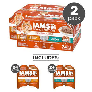 IAMS Perfect Portions Wet Cat Food Pate Variety Pack, Chicken & Tuna Recipes, 2 Packs of 12 Twin Trays (24 Trays Total), Grain-Free