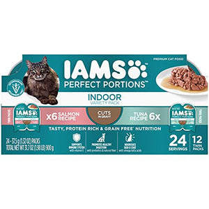 IAMS Perfect Portions Indoor Cat Food, 12 x 2.6 oz Twin-Packs, Cuts in Gravy Tuna & Salmon Variety, Grain-Free Wet Food