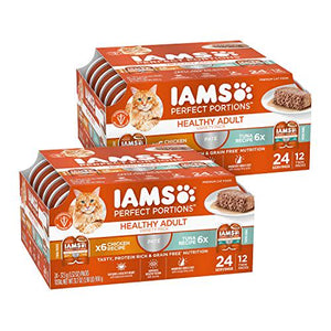 IAMS Perfect Portions Wet Cat Food Pate Variety Pack, Chicken & Tuna Recipes, 2 Packs of 12 Twin Trays (24 Trays Total), Grain-Free