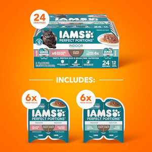 IAMS Perfect Portions Indoor Cat Food, 12 x 2.6 oz Twin-Packs, Cuts in Gravy Tuna & Salmon Variety, Grain-Free Wet Food
