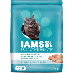 Iams Proactive Health Dry Cat Food 16 lb Bag Indoor Weight and Hairball Care Formula with Real Chicken and Turkey for Adult Cats