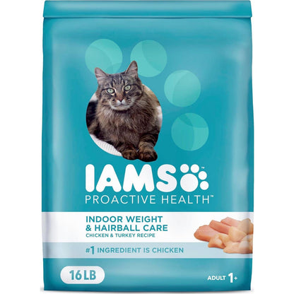 Iams Proactive Health Dry Cat Food 16 lb Bag Indoor Weight and Hairball Care Formula with Real Chicken and Turkey for Adult Cats