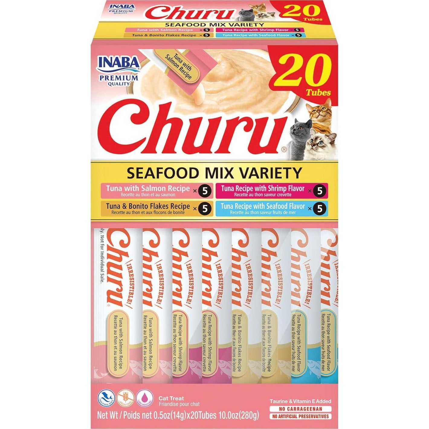 Inaba Churu Cat Treats Creamy Puree Seafood Variety Vitamin E Taurine Grain Free 0.5 oz Each 20 Tubes Lickable Topper