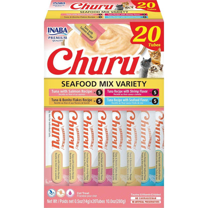 Inaba Churu Cat Treats Creamy Puree Seafood Variety Vitamin E Taurine Grain Free 0.5 oz Each 20 Tubes Lickable Topper