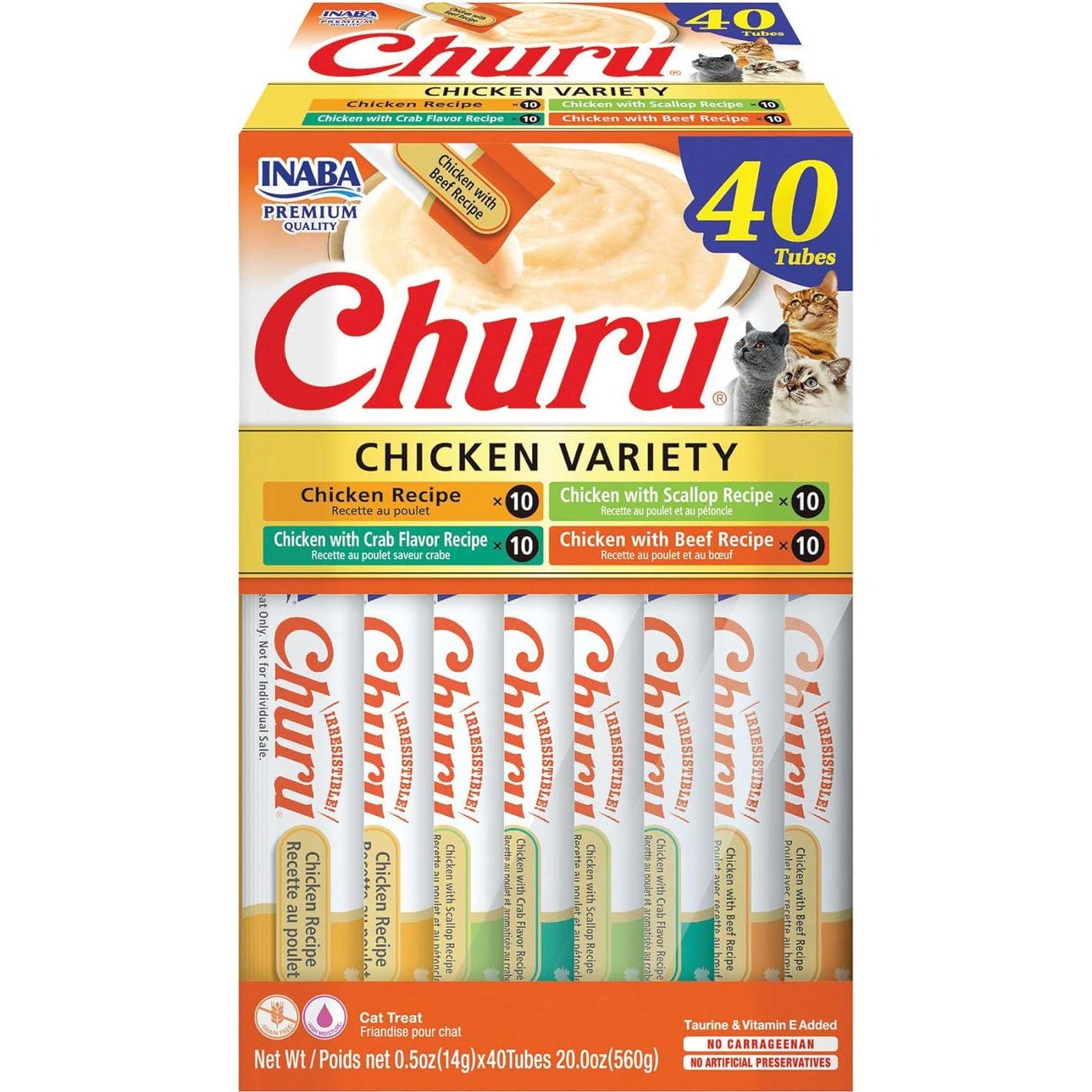 Inaba Churu Cat Treats Creamy Puree Chicken Variety Pack of 40 Grain Free Vitamin E Taurine