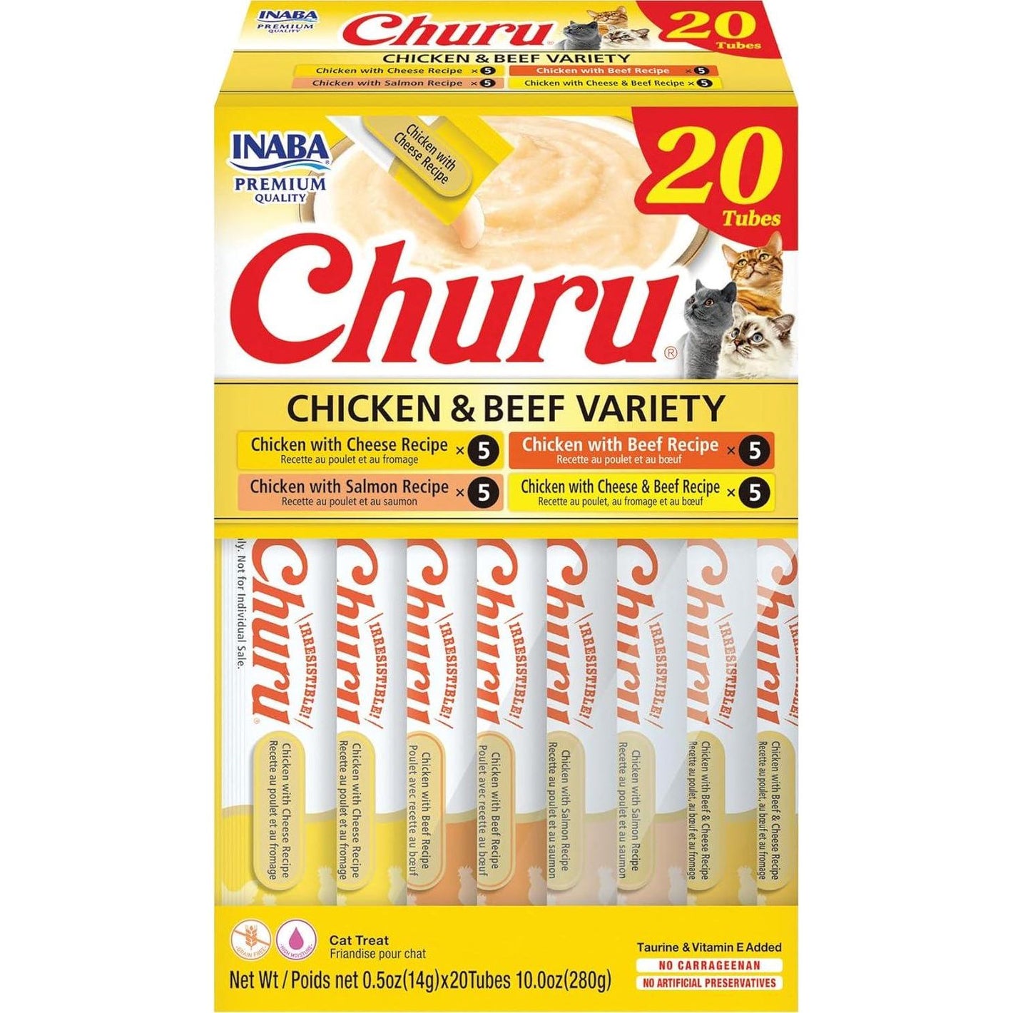 Inaba Churu Cat Treats Chicken and Beef Variety 20 Tubes Creamy Puree 0.5 oz Each Grain Free with Taurine