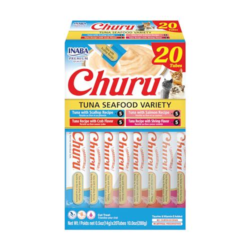 Inaba Churu Cat Treats, 20 Tubes, 0.5 oz Each, Tuna & Seafood Puree, Lickable Treats with Green Tea & Taurine