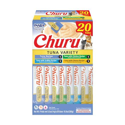 Inaba Churu Cat Treats, Tuna Variety Pack, 20 Tubes, 0.5 oz Each, Lickable Puree with Taurine & Green Tea