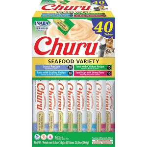 Inaba Churu Cat Treats, Tuna & Seafood Variety, Grain-Free Creamy Puree Tubes, 40 Ct Value Pack