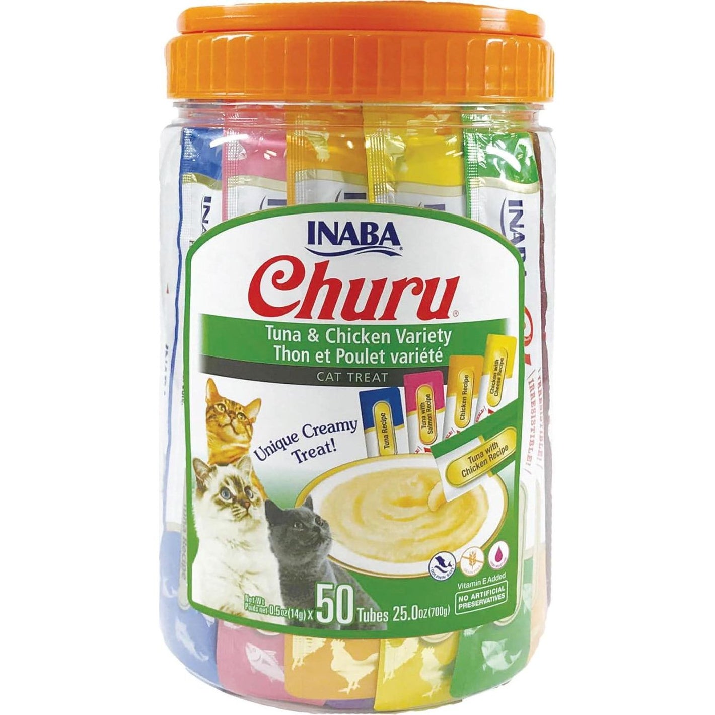 Inaba Churu Cat Treats 50 Tubes 0.5 oz Tuna and Chicken Creamy Grain Free Lickable Puree Topper