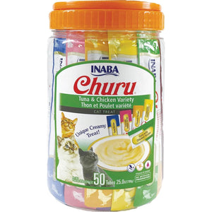 Inaba Churu Cat Treats 50 Tubes 0.5 oz Tuna and Chicken Creamy Grain Free Lickable Puree Topper