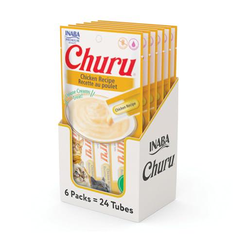 Inaba Churu Chicken Cat Treats, 24 Tubes (4 Packs), Grain-Free, Lickable Creamy Puree, Vitamin E + Taurine