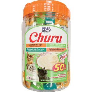 Inaba Churu Cat Treats 50 Tubes Chicken and Seafood Creamy Puree with Vitamin E and Taurine Grain Free 0.5 oz Each