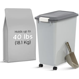 IRIS USA Airtight Pet Food Storage Container with Wheels, Built-in Scoop, Holds 40 lbs, Gray, BPA-Free