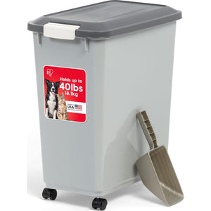 IRIS USA Airtight Pet Food Storage Container with Wheels, Built-in Scoop, Holds 40 lbs, Gray, BPA-Free