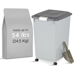 IRIS USA Airtight Pet Food Storage Container with Wheels Holds 54 lbs Gray Includes Scoop and Lid