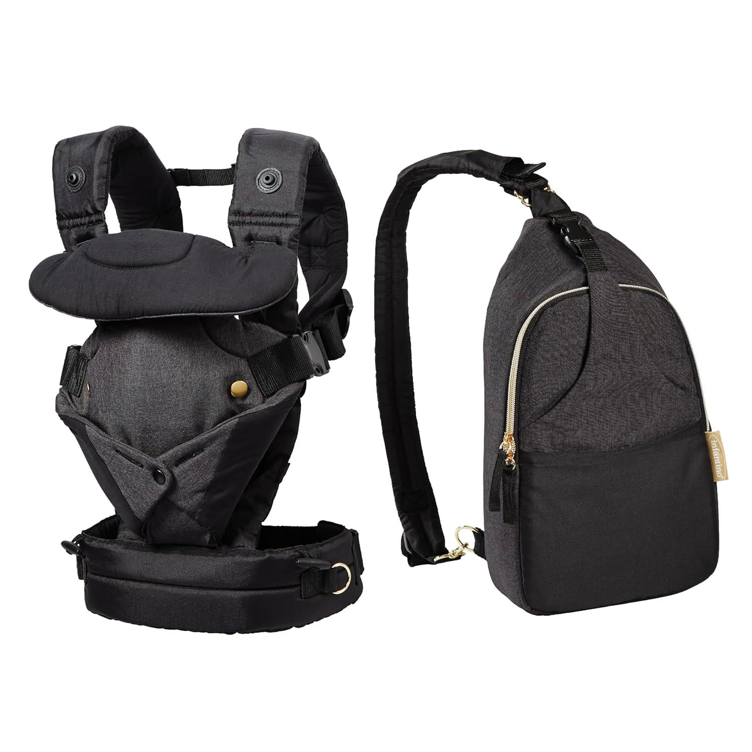 Infantino Flip 4-in-1 Convertible Baby Carrier And Crossbody Diaper Bag - Grow-with-Me Carrier With Attachable Crossbody Diaper Bag, Black And Gold, 2-Piece Set,