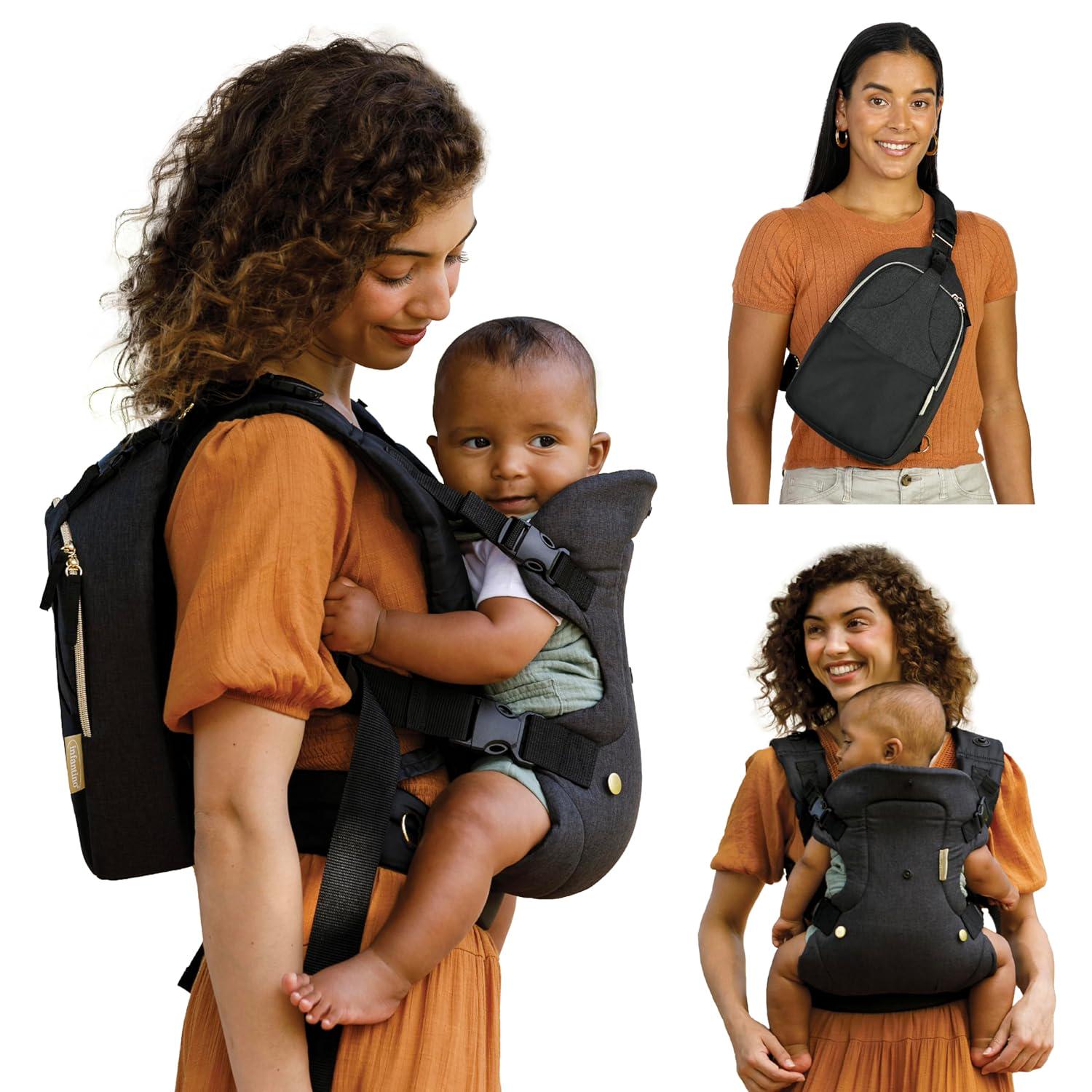 Infantino Flip 4-in-1 Convertible Baby Carrier And Crossbody Diaper Bag - Grow-with-Me Carrier With Attachable Crossbody Diaper Bag, Black And Gold, 2-Piece Set,