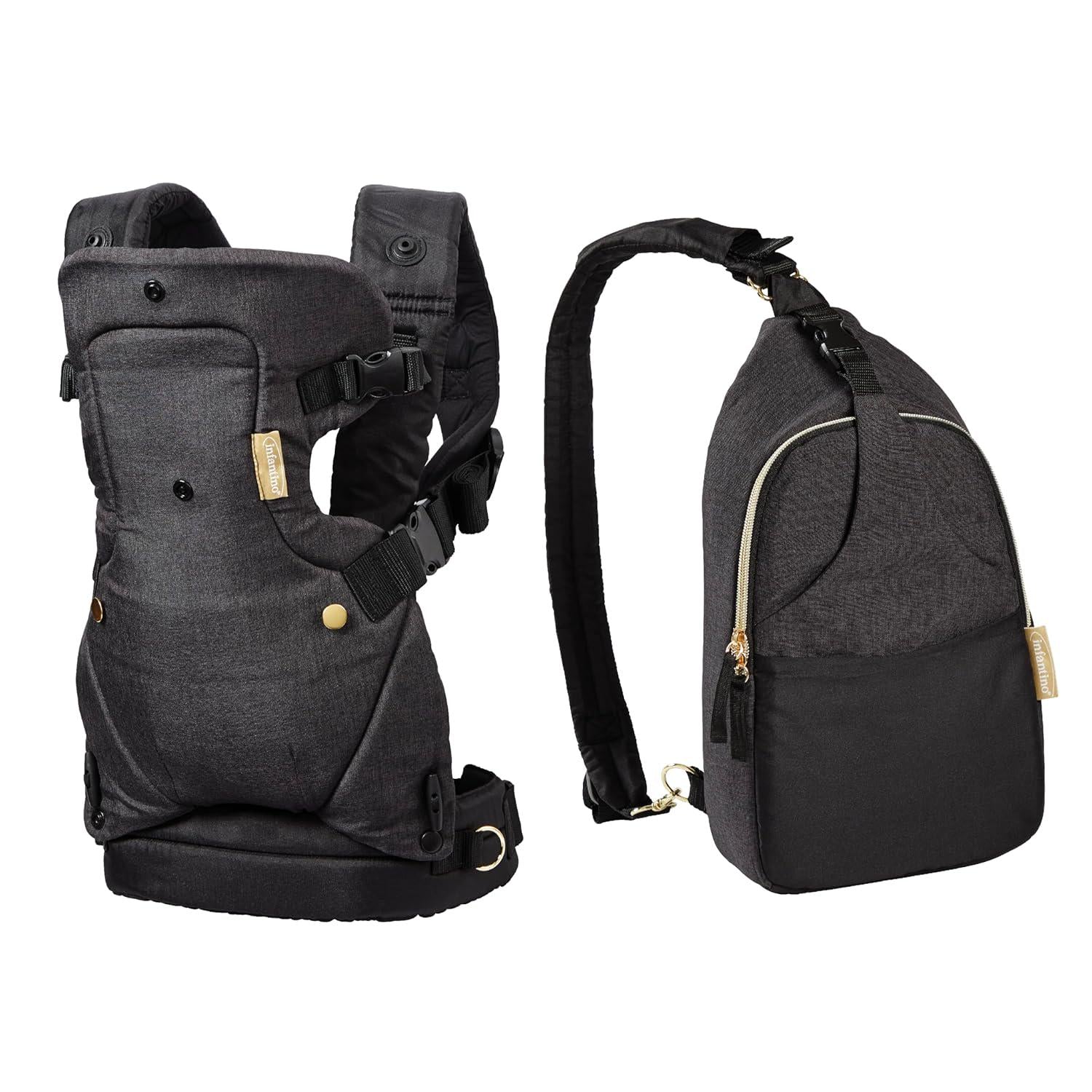 Infantino Flip 4-in-1 Convertible Baby Carrier And Crossbody Diaper Bag - Grow-with-Me Carrier With Attachable Crossbody Diaper Bag, Black And Gold, 2-Piece Set,