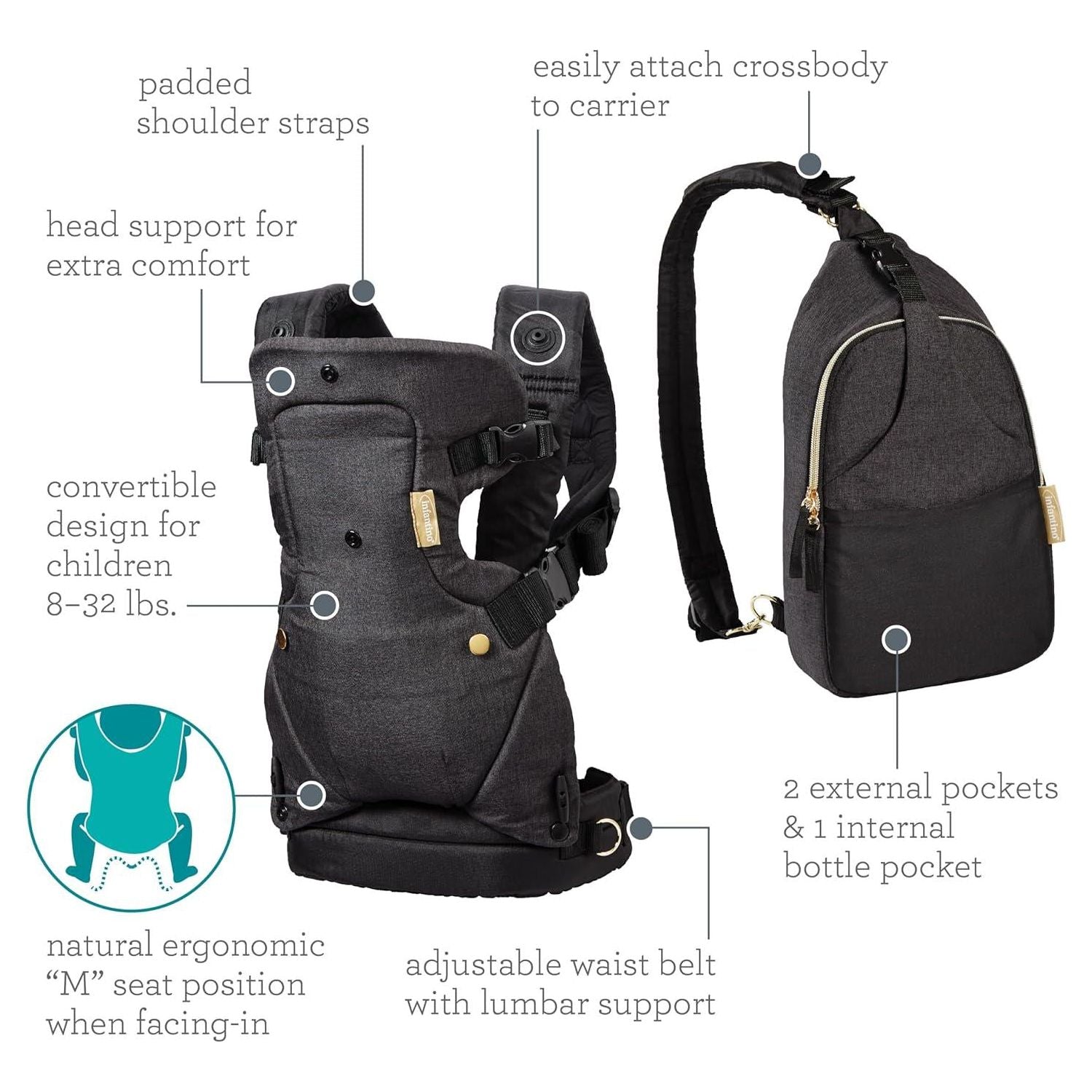 Infantino Flip 4-in-1 Convertible Baby Carrier And Crossbody Diaper Bag - Grow-with-Me Carrier With Attachable Crossbody Diaper Bag, Black And Gold, 2-Piece Set,